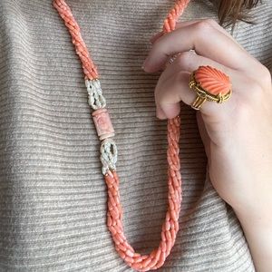 Long Coral Bead and Freshwater Pearl Necklace & Ring